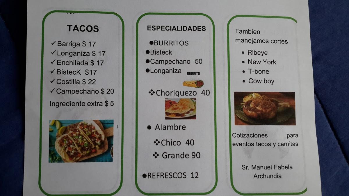 Menu at Tacos el Gordo restaurant, Naucalpan, De Las Torres 39