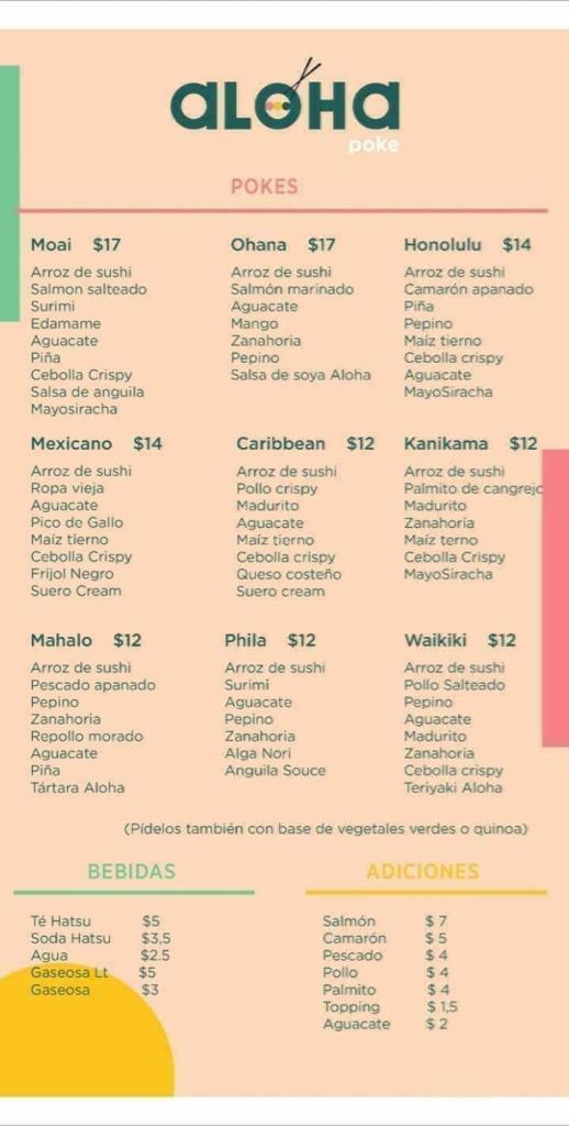 Menu at Aloha Poke restaurant, Sincelejo