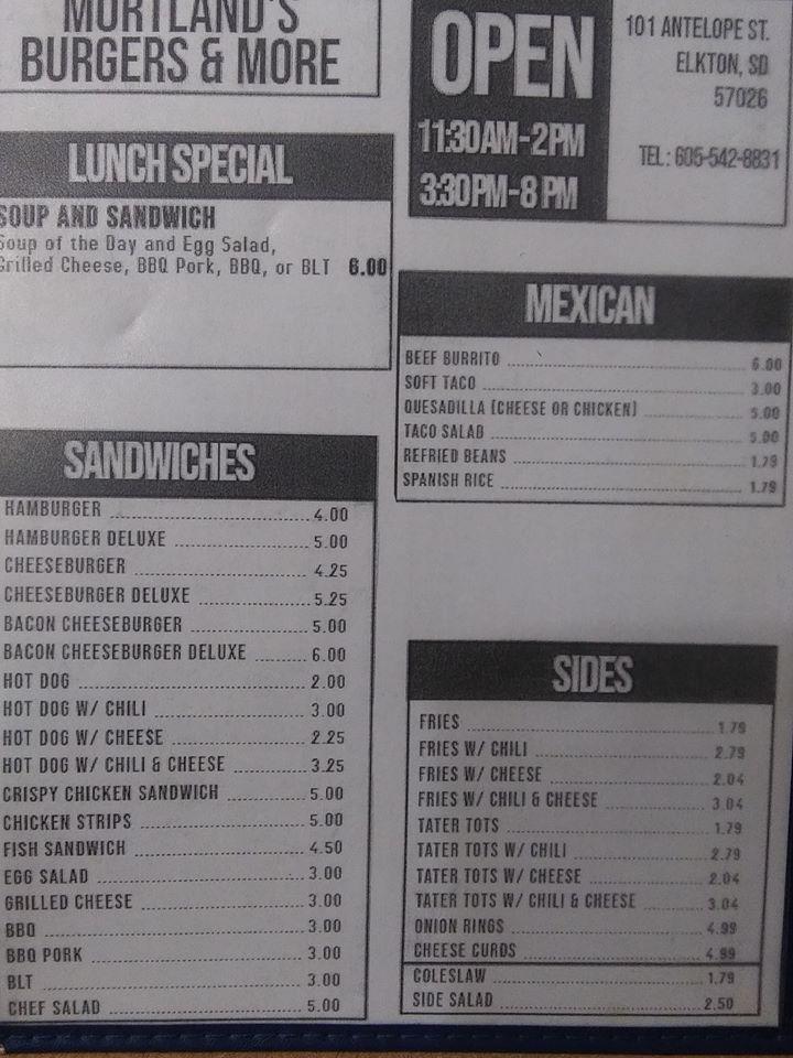 Menu at Mortlands Burgers and more restaurant, Elkton