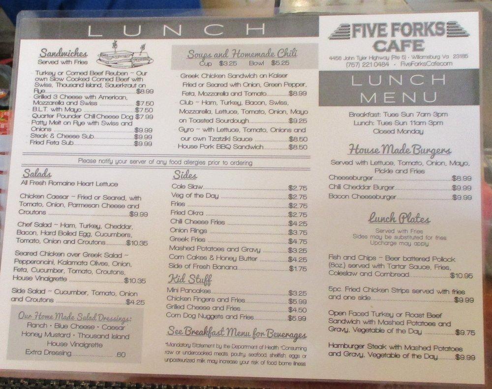 Menu at Five Forks Cafe, Williamsburg, John Tyler Hwy