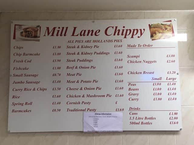Re84 The Mill Lane Chippy Menu 