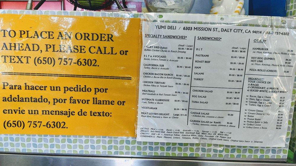 Menu at Yumi Deli, Daly City