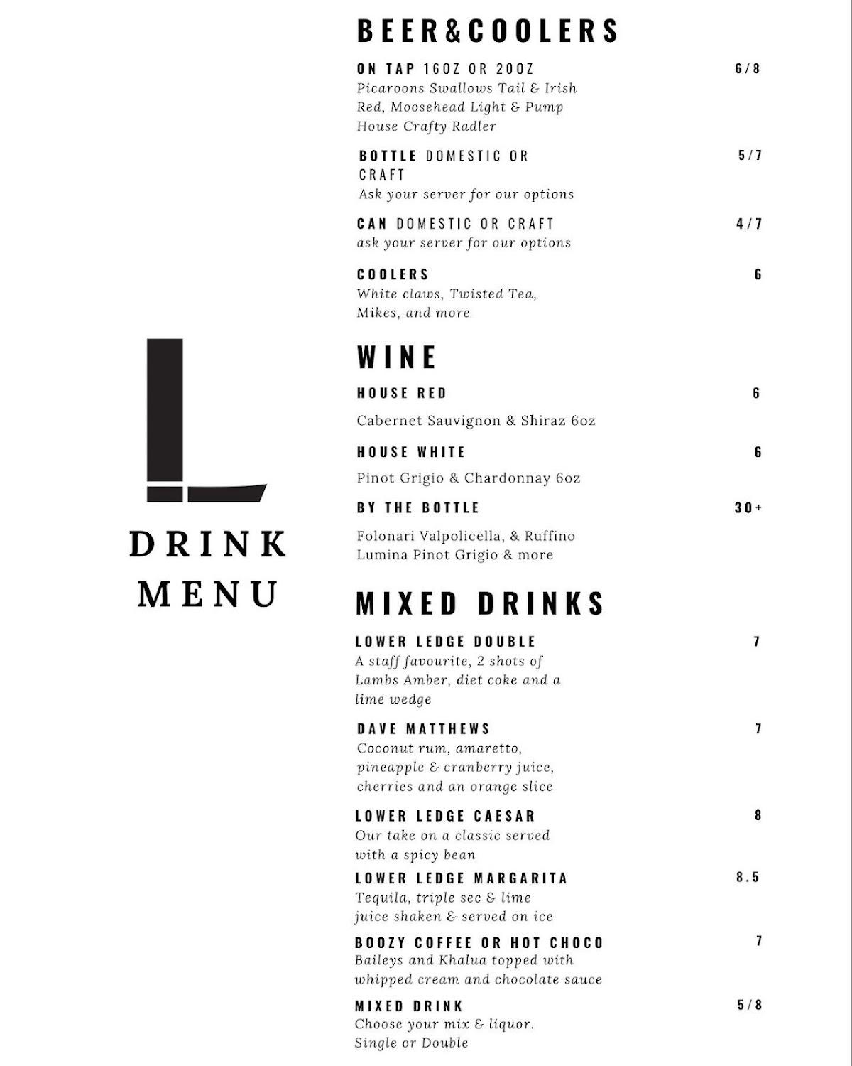 Menu at The Lower Ledge Gastropub, Doaktown, 30 ledges inn lane