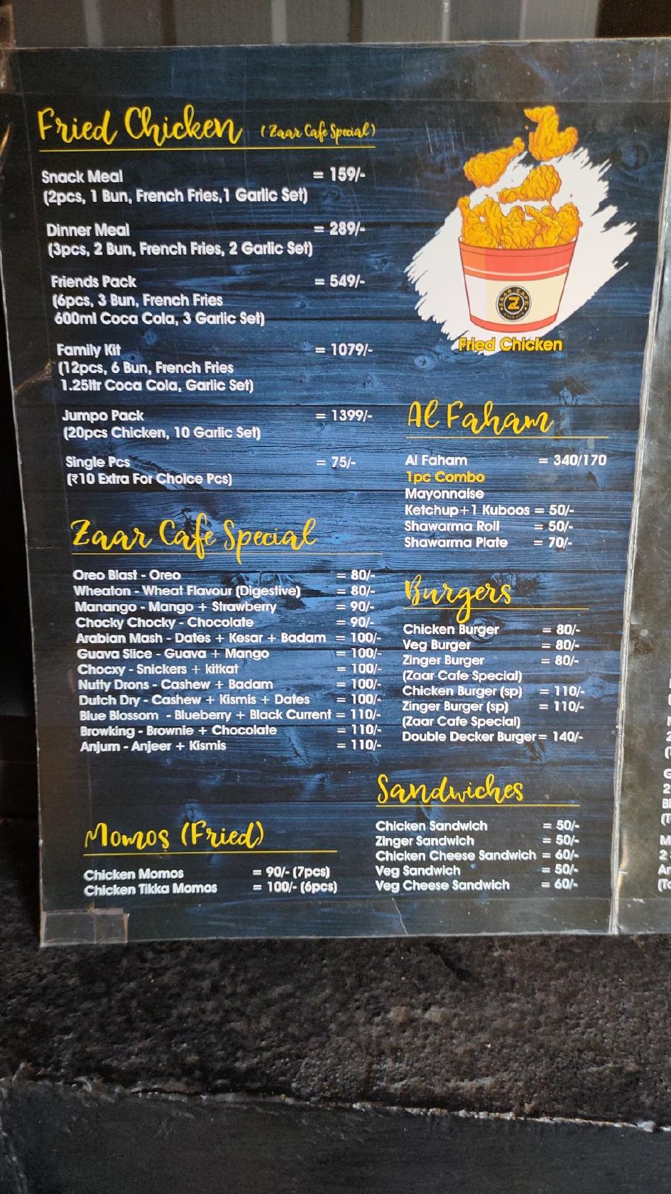 Zaar Cafe menu