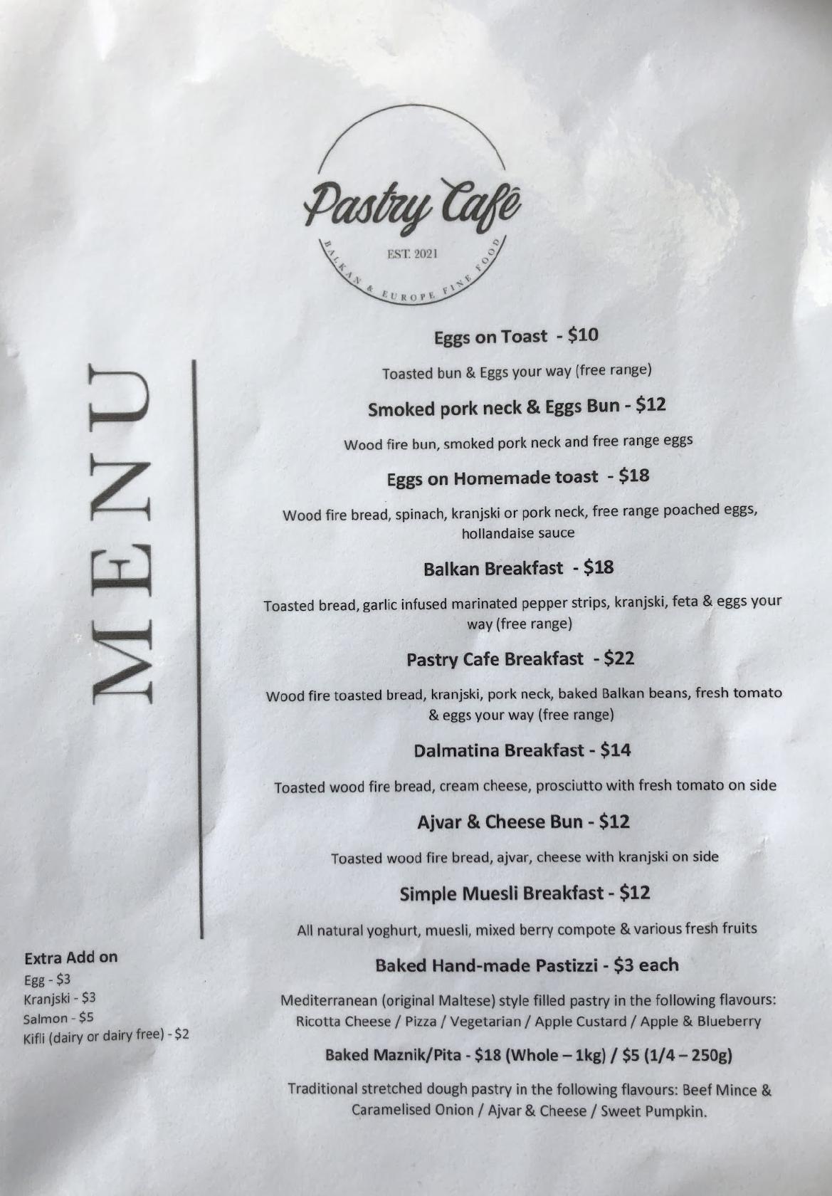 Menu at Pastry Cafe, Darch