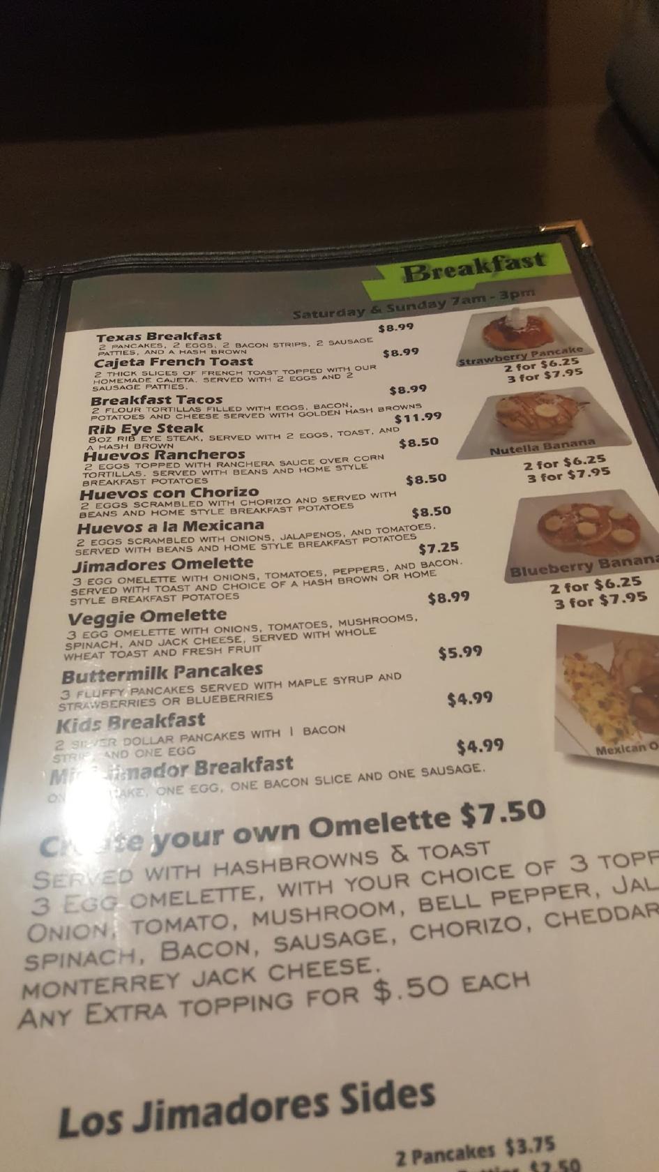 Menu at Los Jimadores Tex Mex Tequila Factory restaurant, Fort Worth