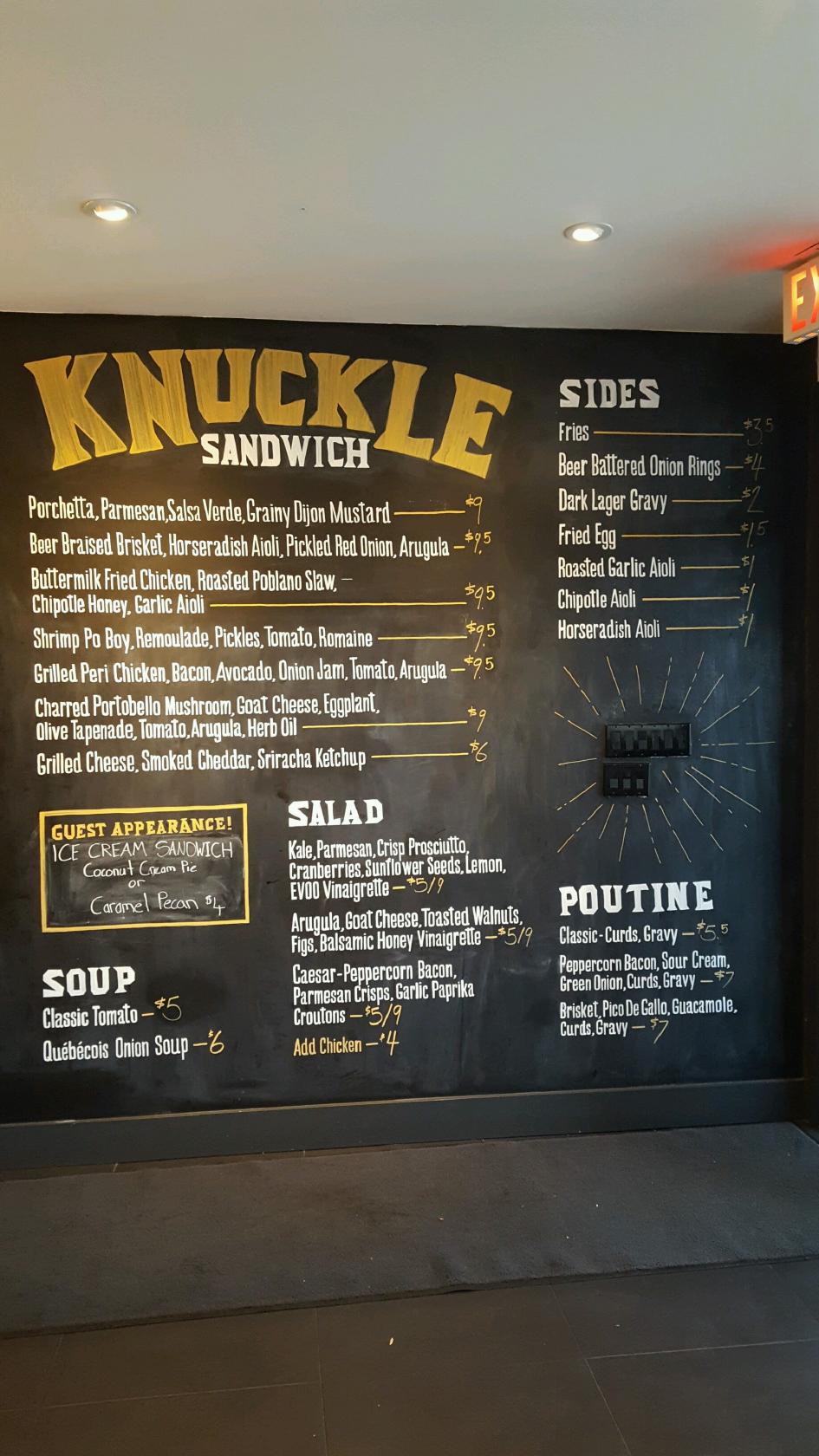 Menu at Knuckle Sandwich restaurant, Toronto