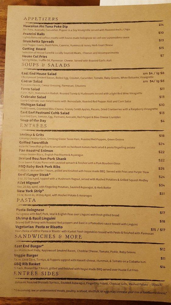Menu at East End Grill pub & bar, Lafayette
