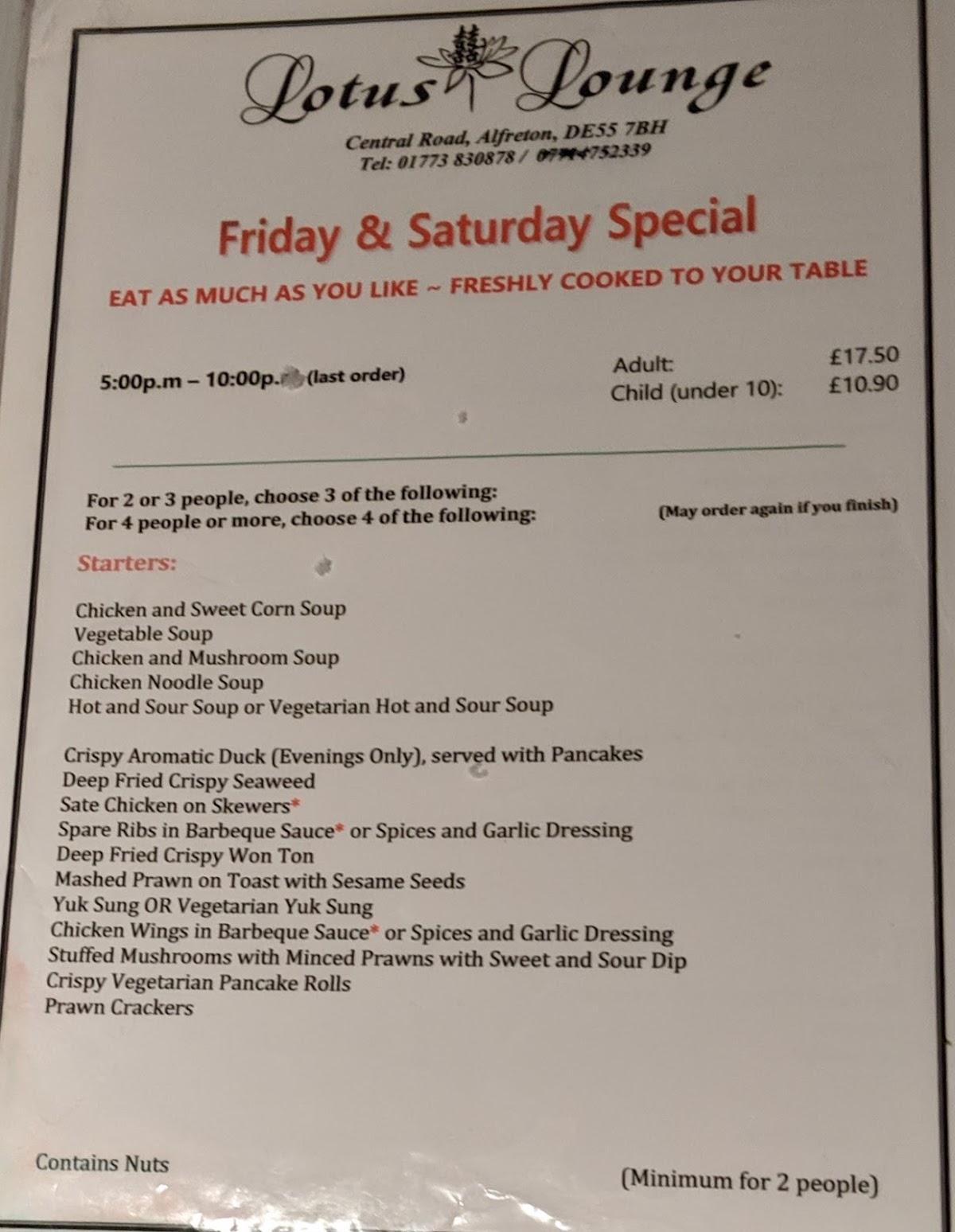 Menu at Lotus Lounge fast food, Alfreton