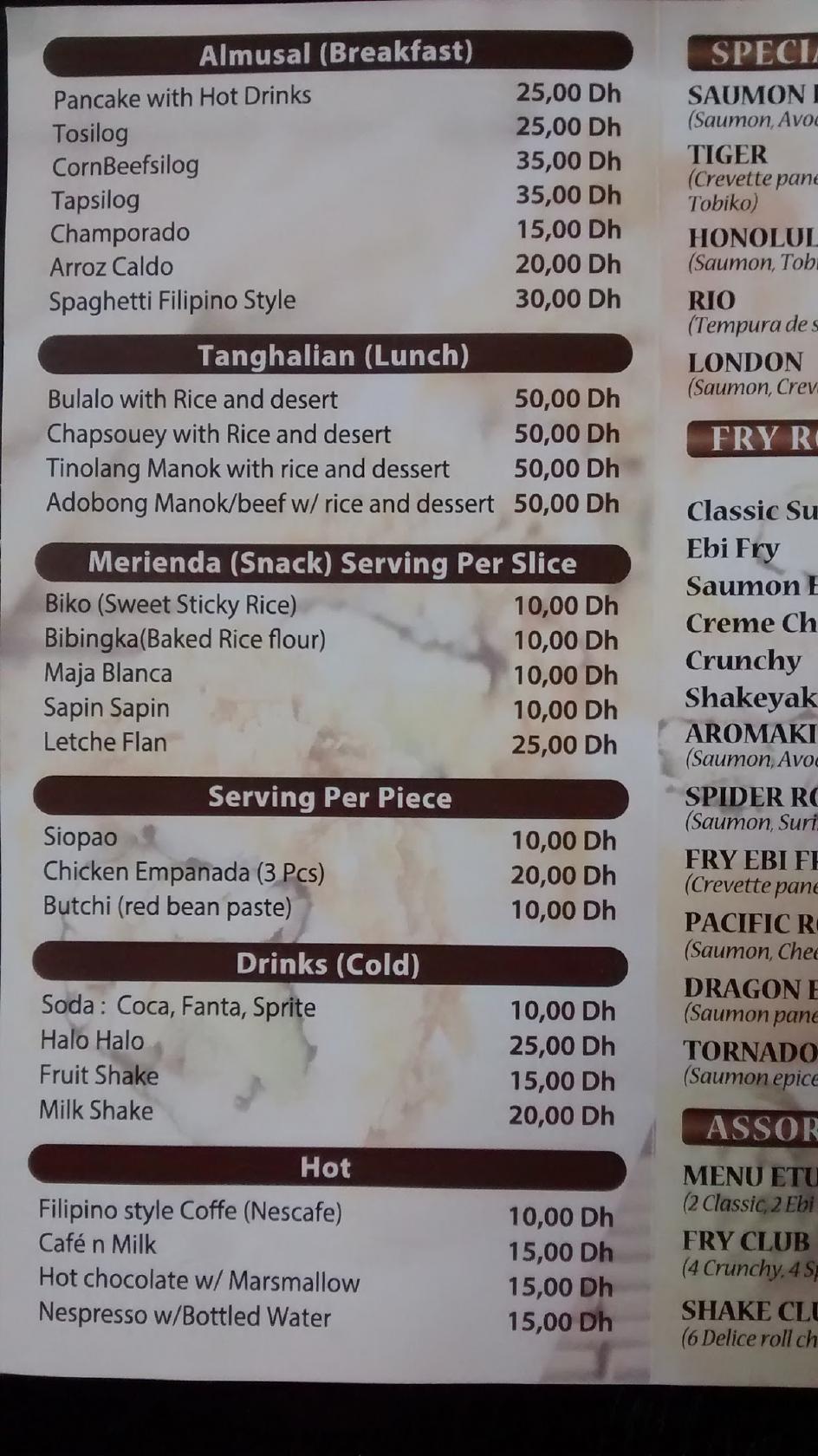 Menu at Pinoy Hub restaurant, Casablanca, 2 Rue Jaafar Ibnou Habib