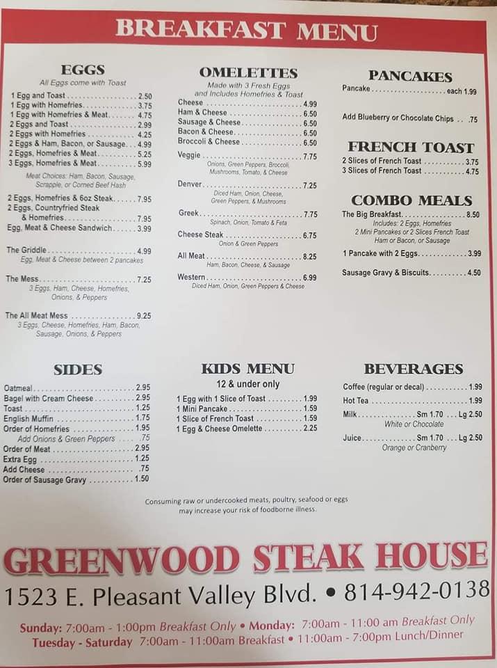 Menu at Greenwood Steakhouse, Altoona