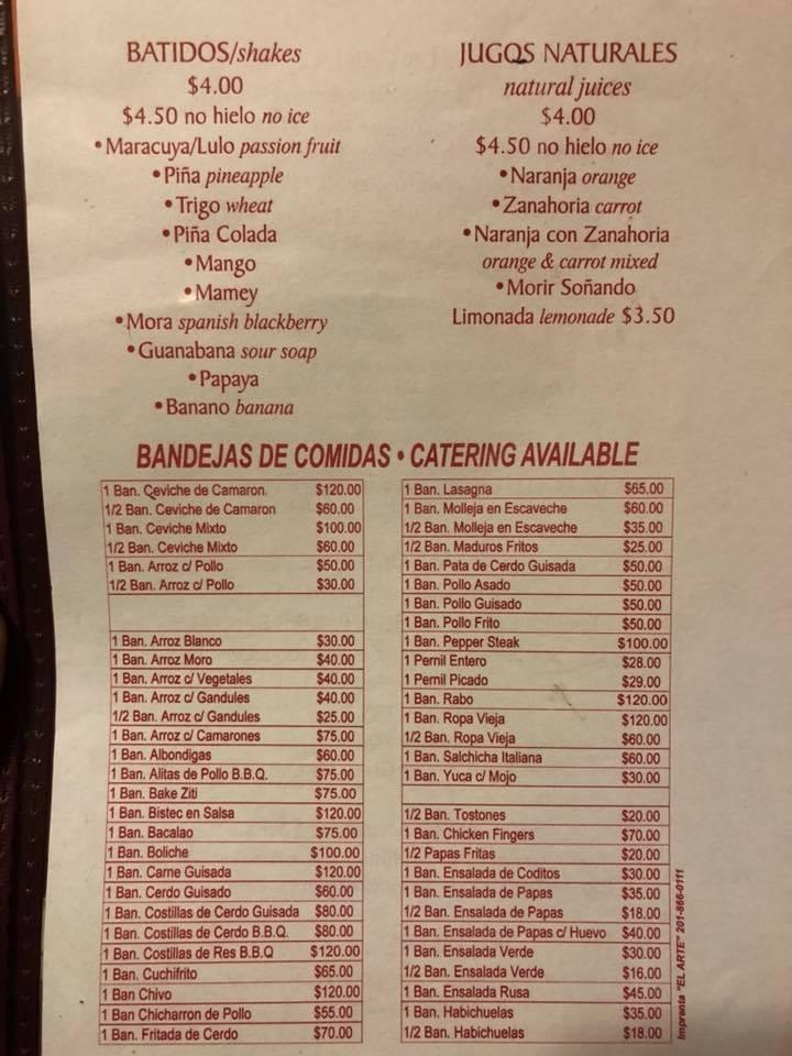 Menu at Havana restaurant, Newark