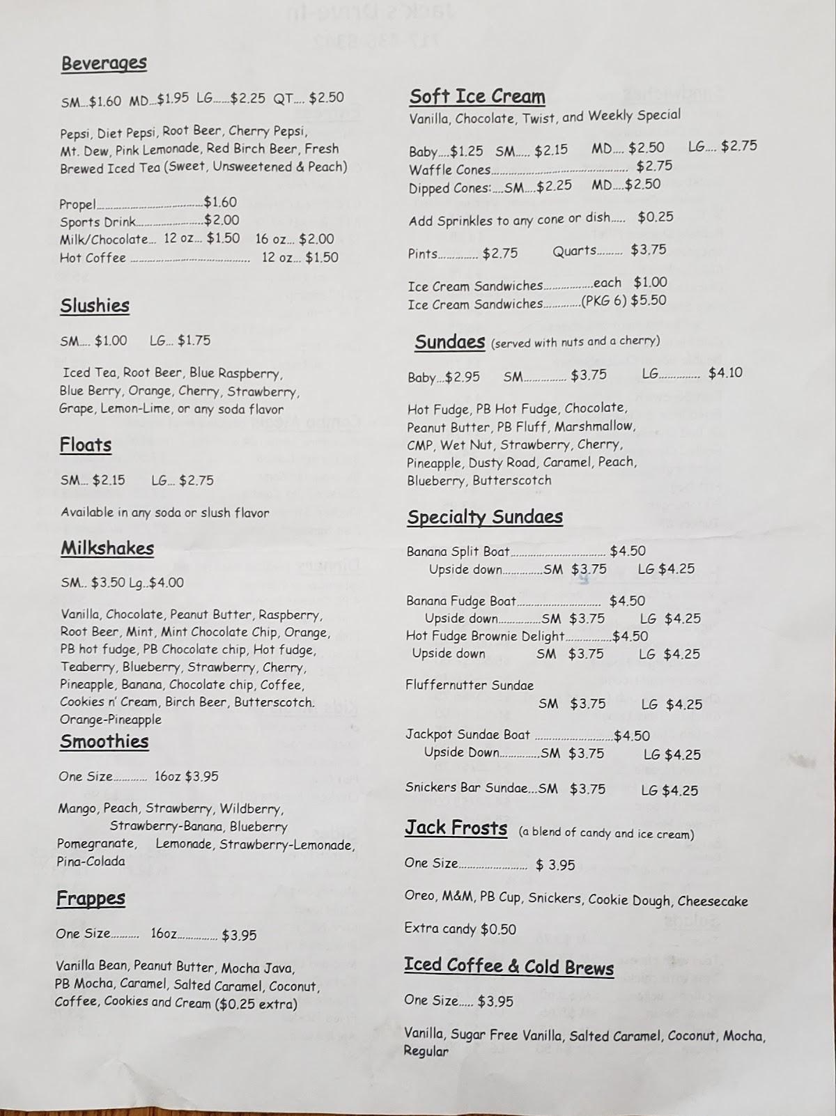 Menu at Jack's DriveIn Twin Serve restaurant, Mifflin