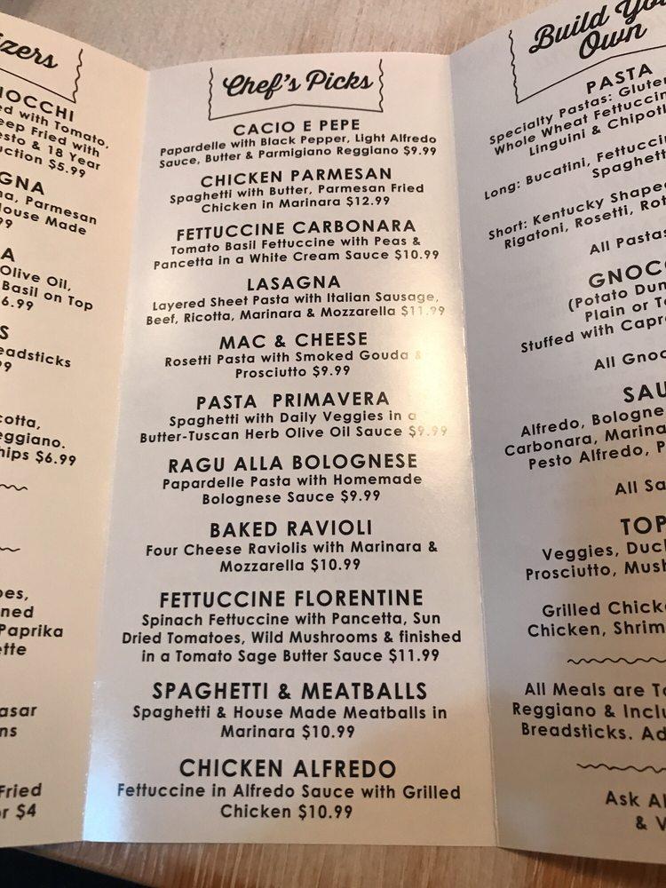 Menu at Pasta Garage Italian Cafe, Lexington