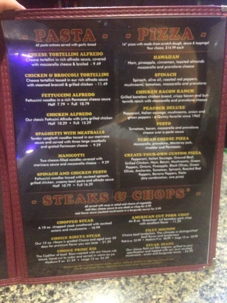 Menu at Tony's Too restaurant, Quincy
