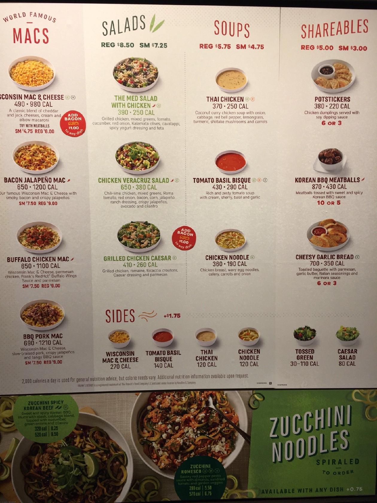 Menu at Noodles and Company restaurant, Camp Hill, 164 S 32nd St