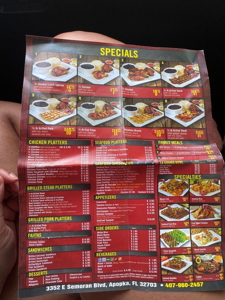 Carta del restaurante La Granja, Apopka