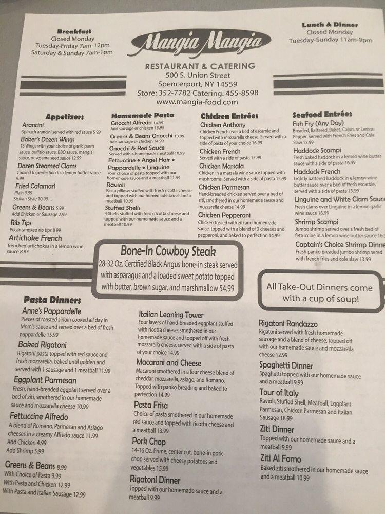 Menu at Mangia Mangia restaurant, Spencerport