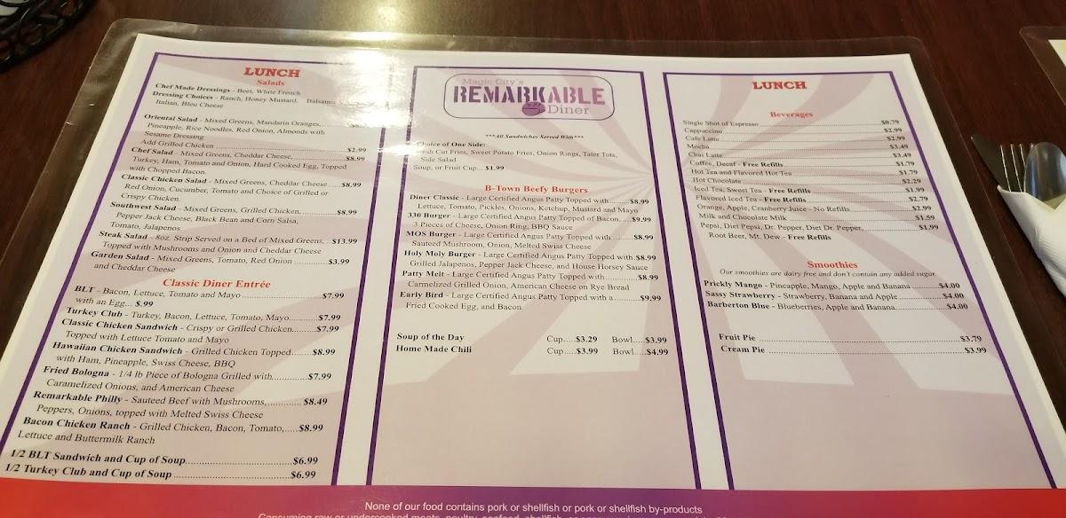 Menu at Remarkable Diner restaurant, Barberton