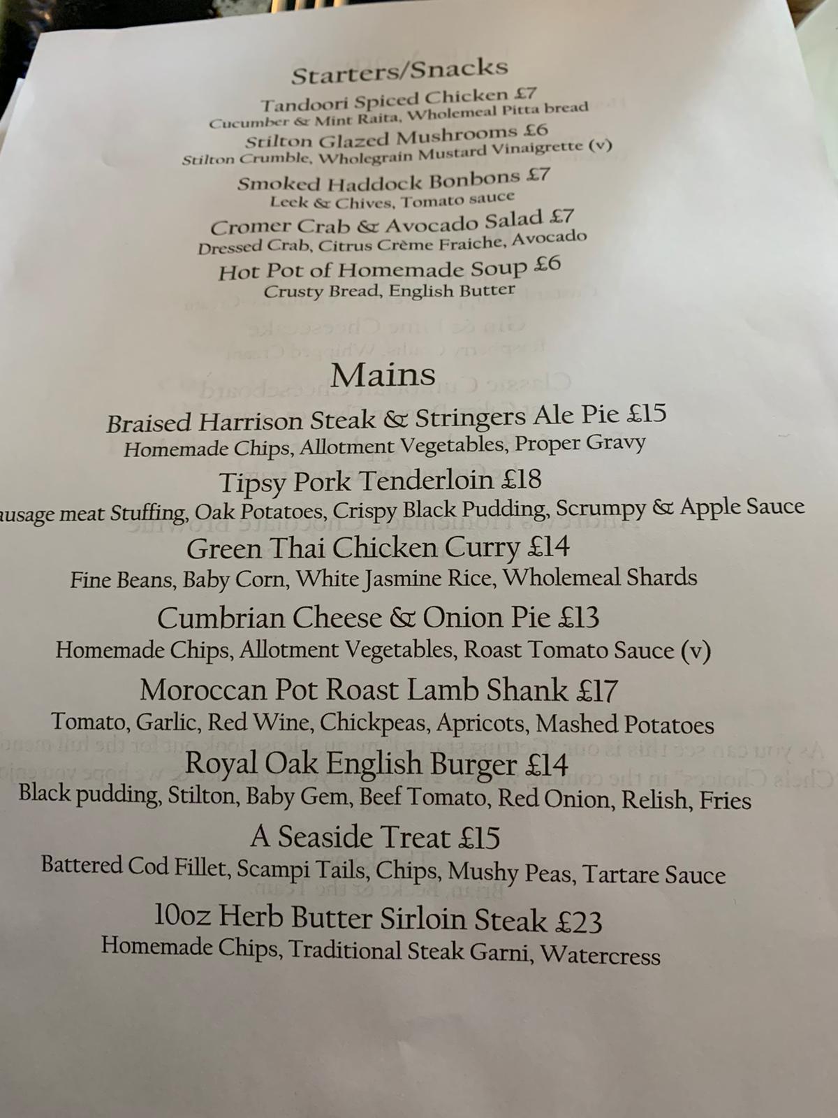 Menu at The Royal Oak Inn pub & bar, Wigton, Curthwaite