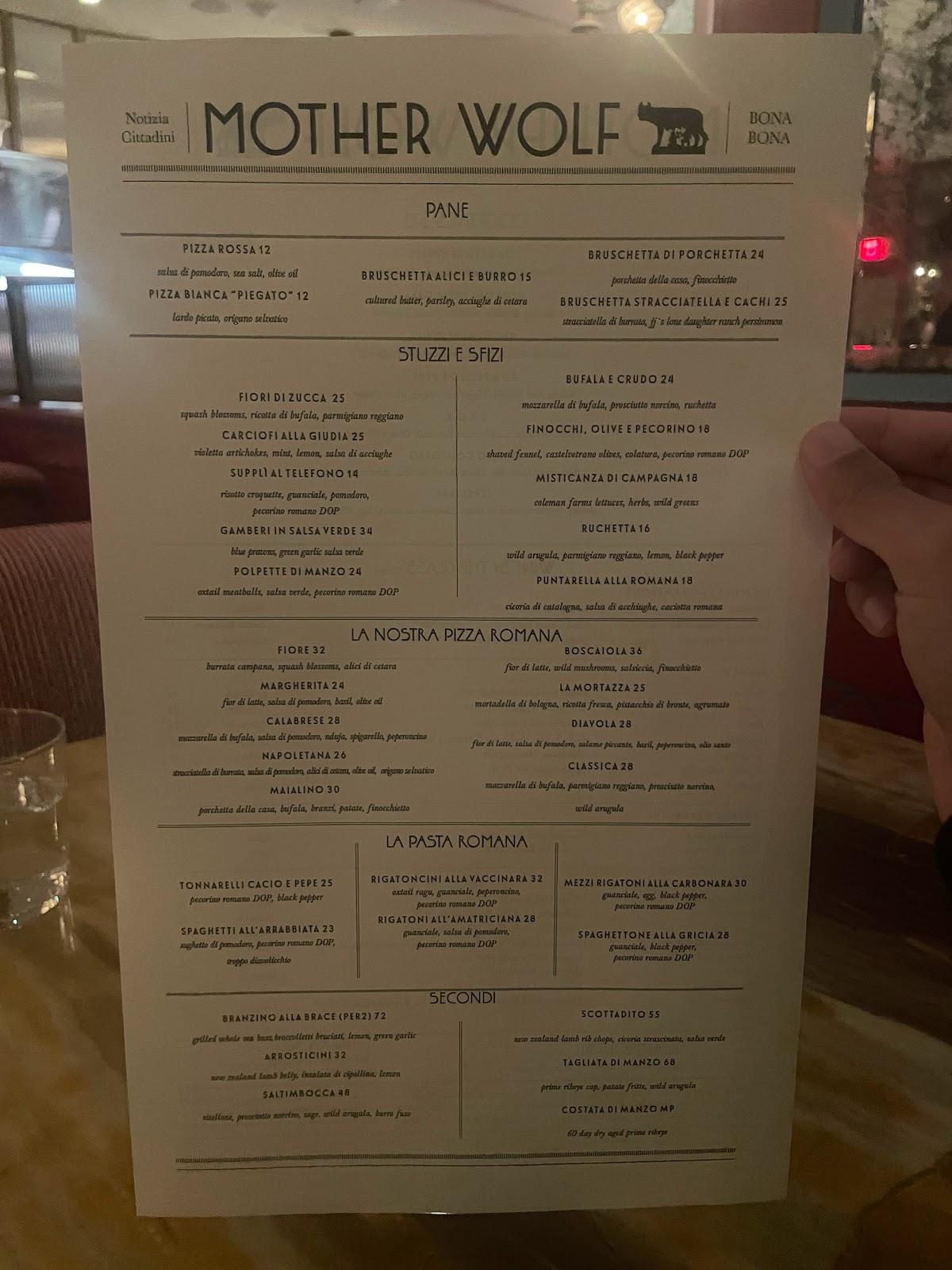 Menu at Mother Wolf restaurant, Los Angeles