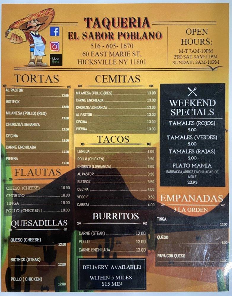 Menu at Taqueria El Sabor Poblano restaurant, Hicksville