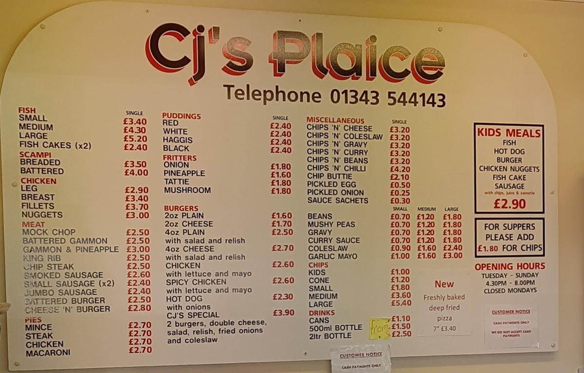 Menu at CJs Plaice fast food, Elgin