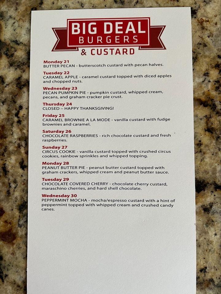 Menu at Big Deal Burgers & Custard restaurant, West Allis