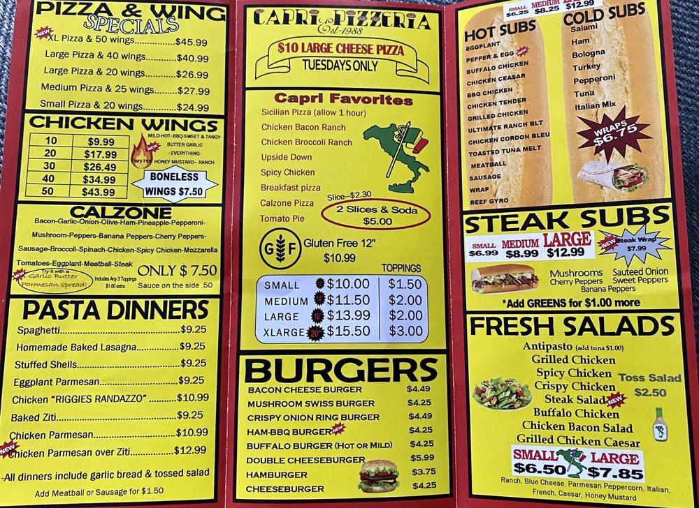Menu at Capri Pizzeria, Oriskany, 803 Utica St