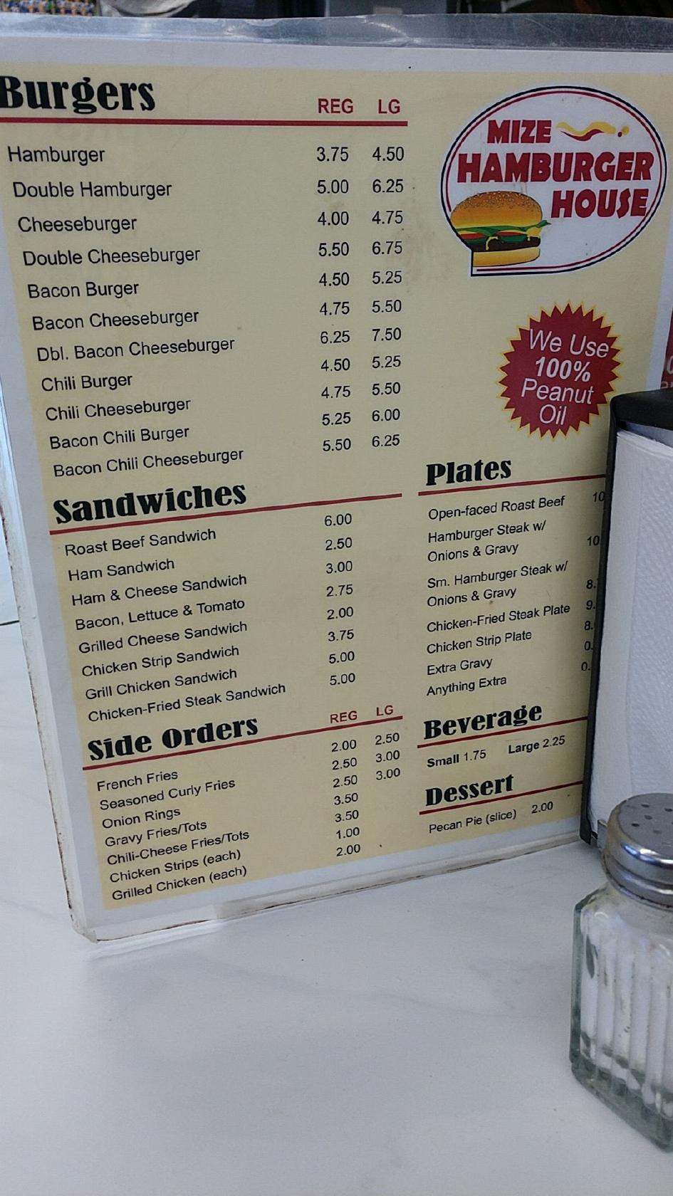 Menu at Mize Hamburger House restaurant, Mize