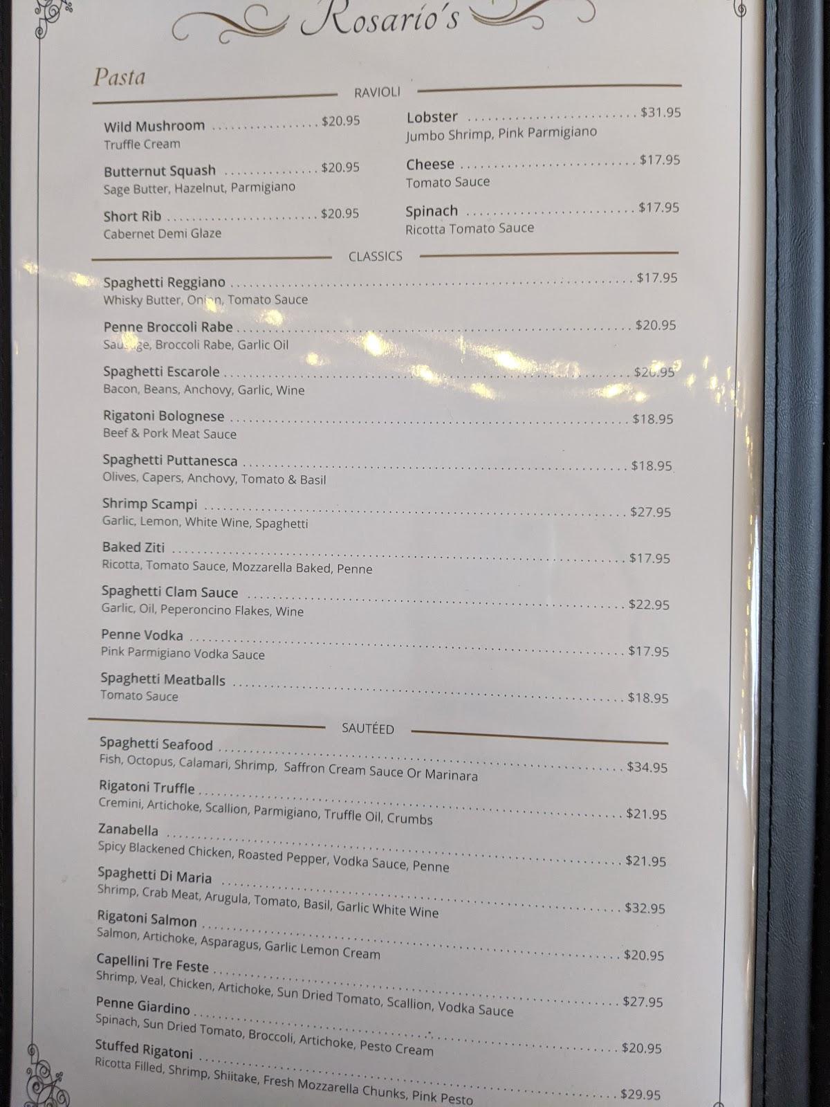 Menu at Rosario's Trattoria & Pizzeria, Midland Park
