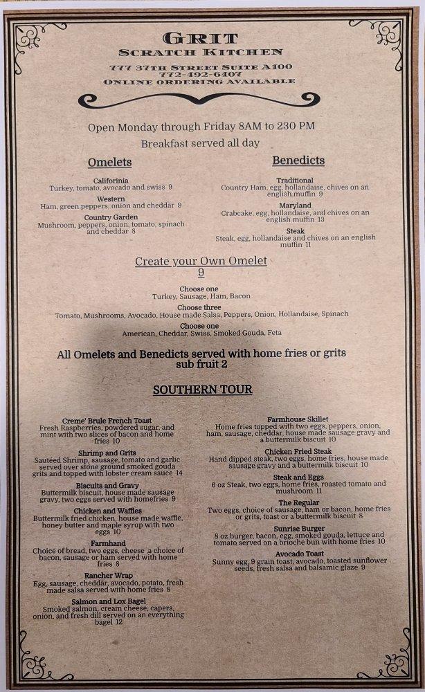 Menu at Grit Scratch Kitchen restaurant, Vero Beach, 777 37th St Suite