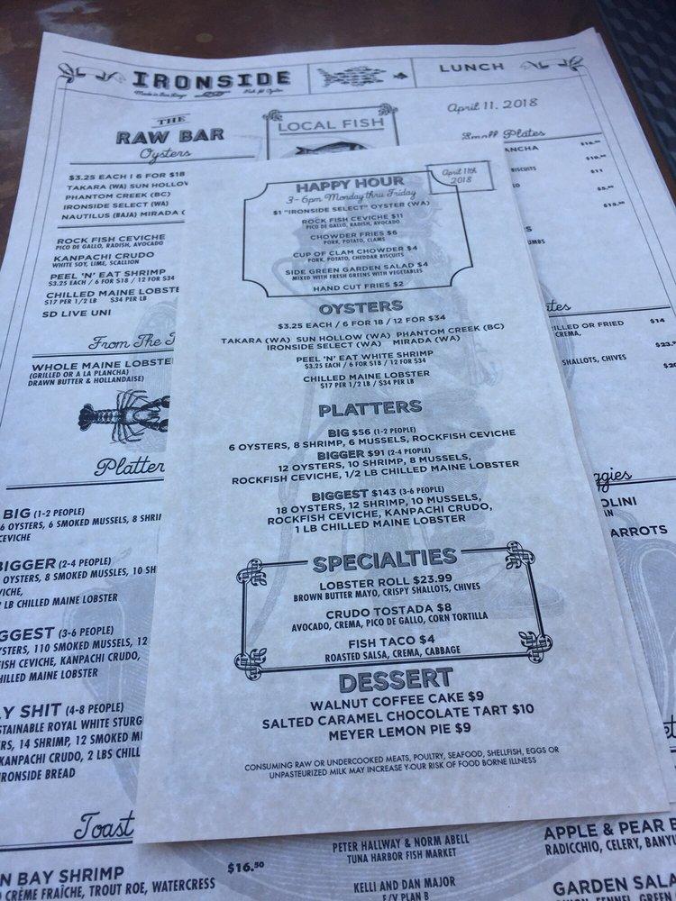 Menu at Ironside Fish & Oyster restaurant, San Diego, India St