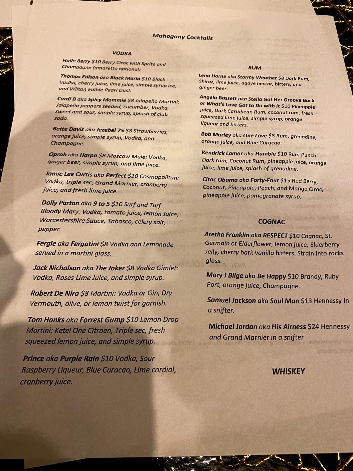 Menu at Mahogany Memphis restaurant, Memphis