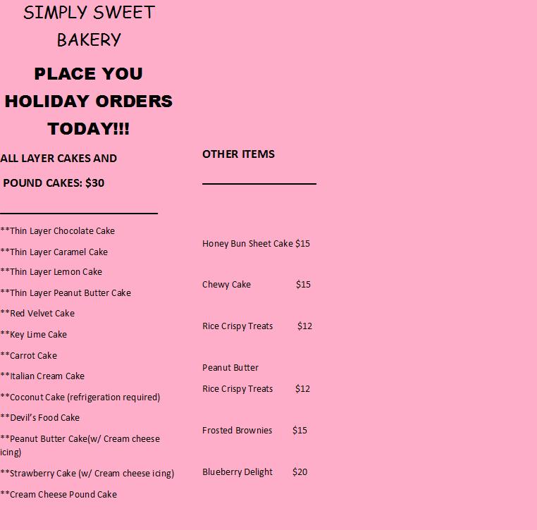Menu at The Cakery On The Square, Swainsboro