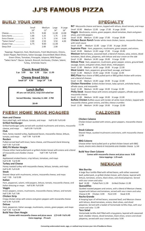 Menu at JJ's Steak & Pizza House steakhouse, Alpena