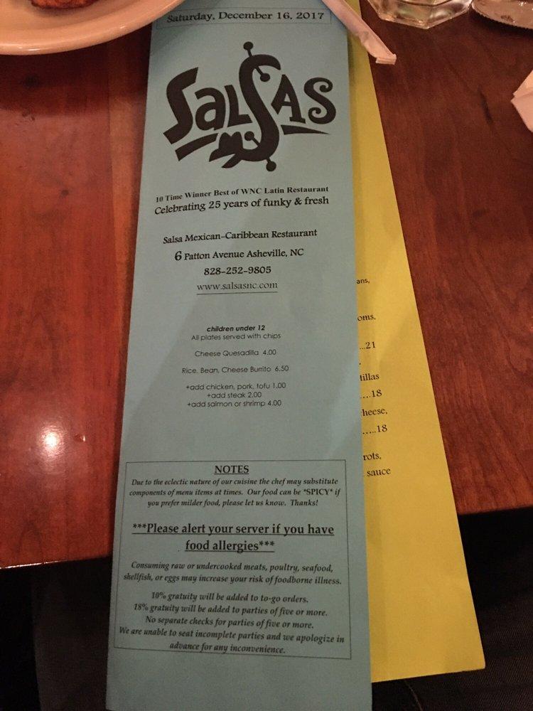 Menu at Salsa's restaurant, Asheville
