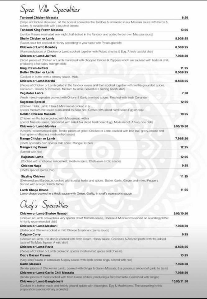 Menu at Spice Villa Indian Restaurant, Chard