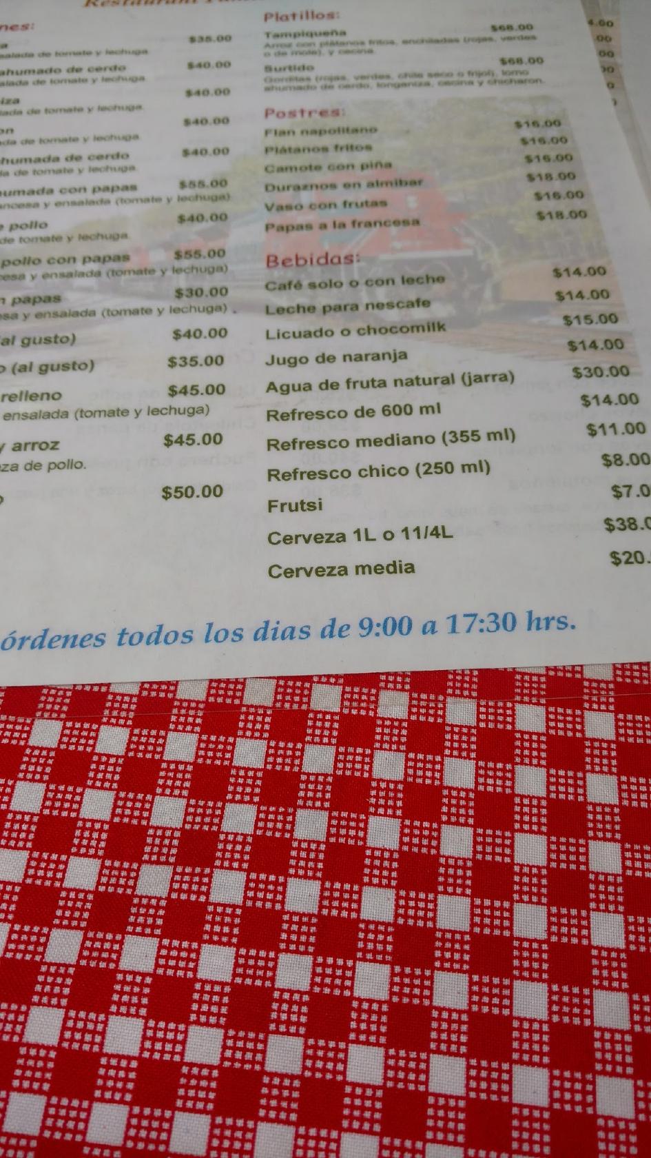 Menu at Los Pinos restaurant, Banderilla