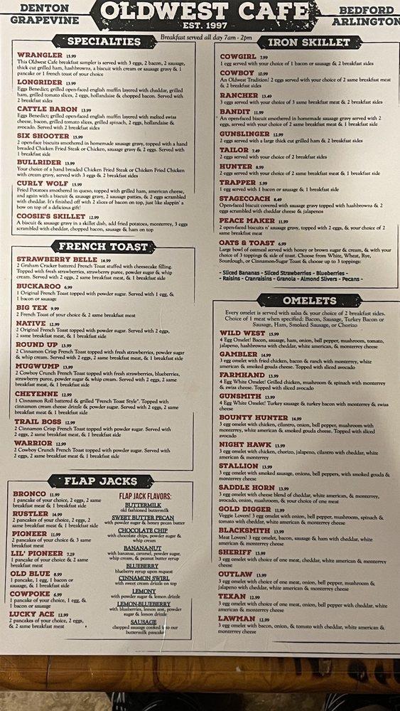 Menu at Oldwest Cafe Of Arlington, Arlington