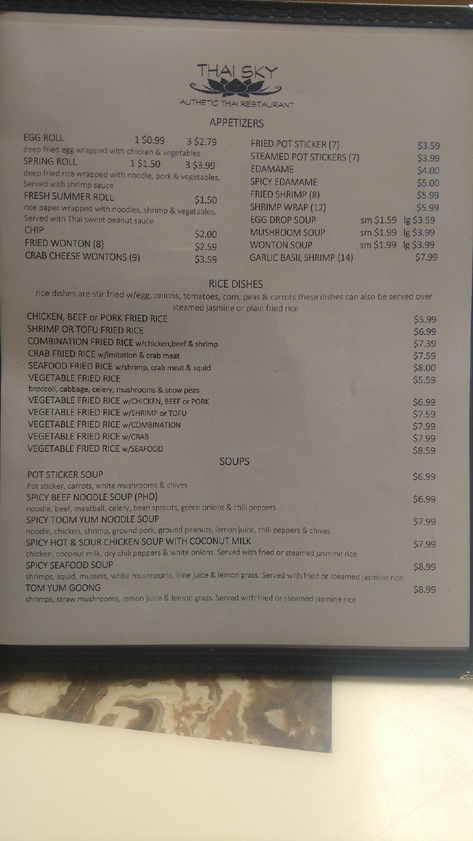 Menu at Thai Sky restaurant, Friona