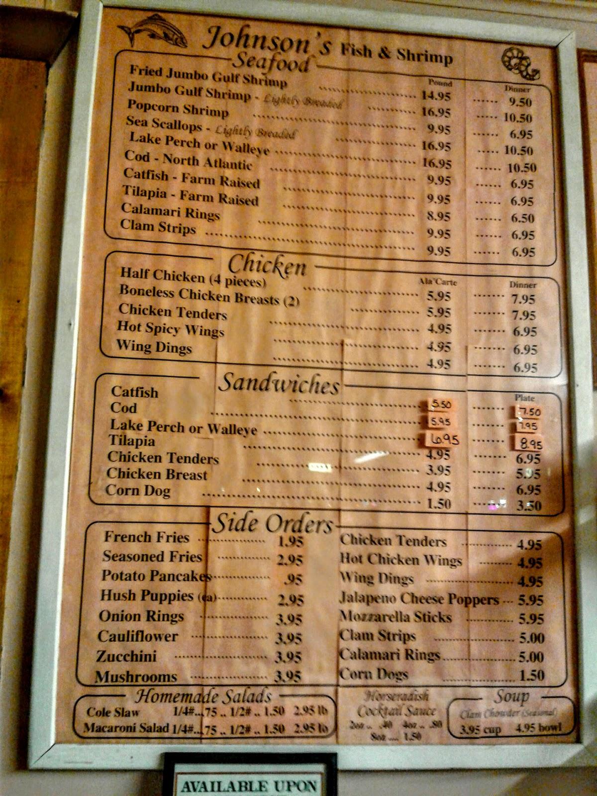 Carta del restaurante Johnson's Fish & Shrimp, Lake Station