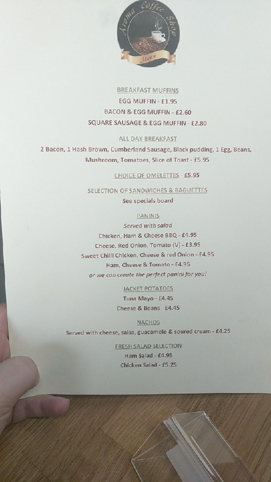 Menu at Aroma Coffee & Takeaway restaurant, Maryport
