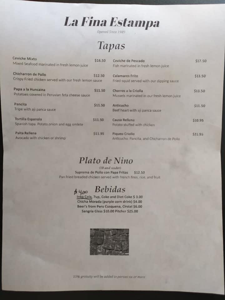 Menu at La Fina Estampa restaurant, San Francisco, Bush St