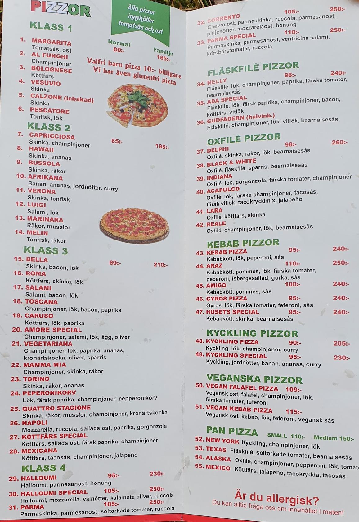 Menu at Pizzeria Amore, Malung, Grönlandsvägen 17