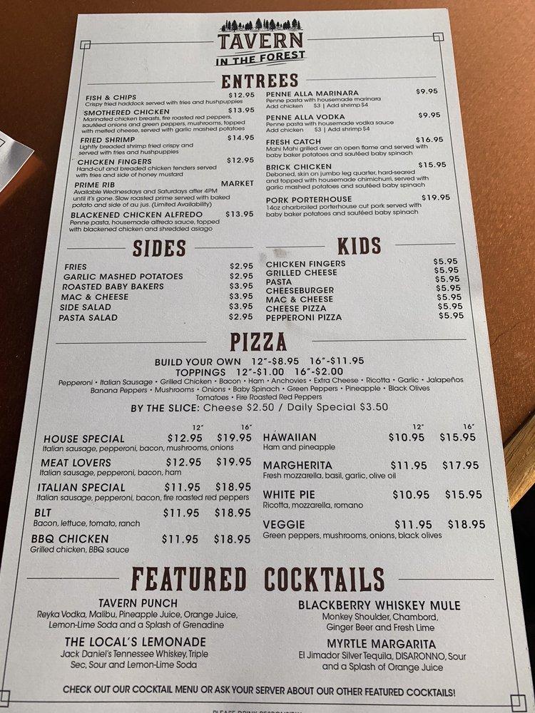 Menu at Tavern In the Forest pub & bar, Myrtle Beach