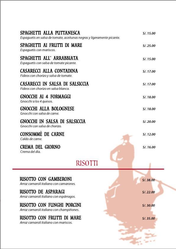 Menu at La Góndola restaurant, Lima