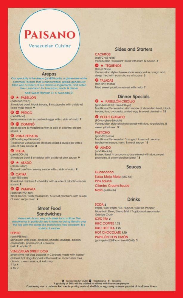 Menu at Paisano restaurant, Roanoke