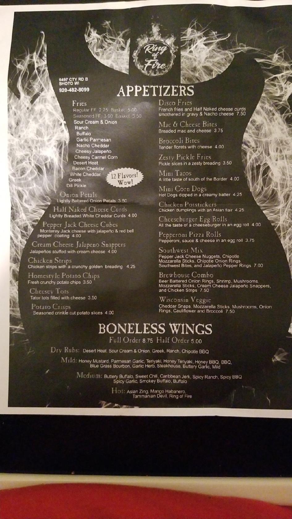 Menu at Samantha's Ring Of Fire pub & bar, Two Rivers
