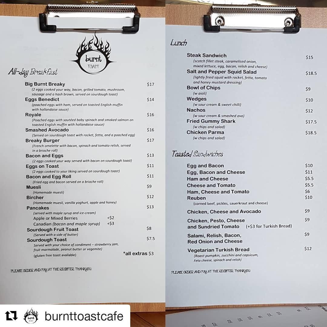 Menu at Burnt Toast restaurant, Cape Woolamai